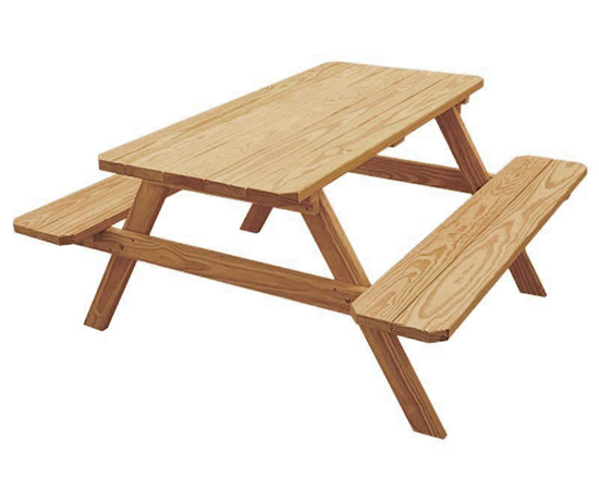 Traditional wooden A-frame picnic table with attached benches and angled leg supports for classic outdoor seating